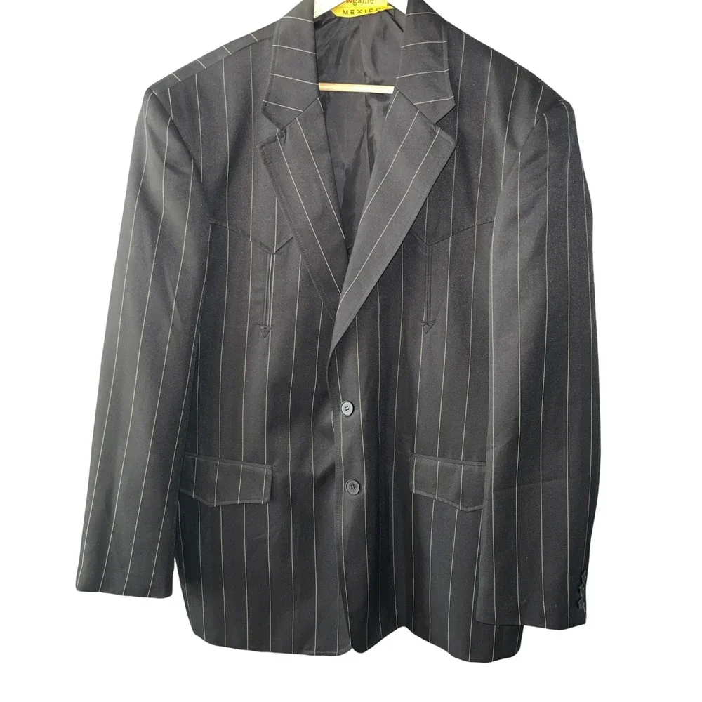 Elegante Mexico Mens Western Blazer 46‎ / 38  Black Pinstripe Herringbone Arrow